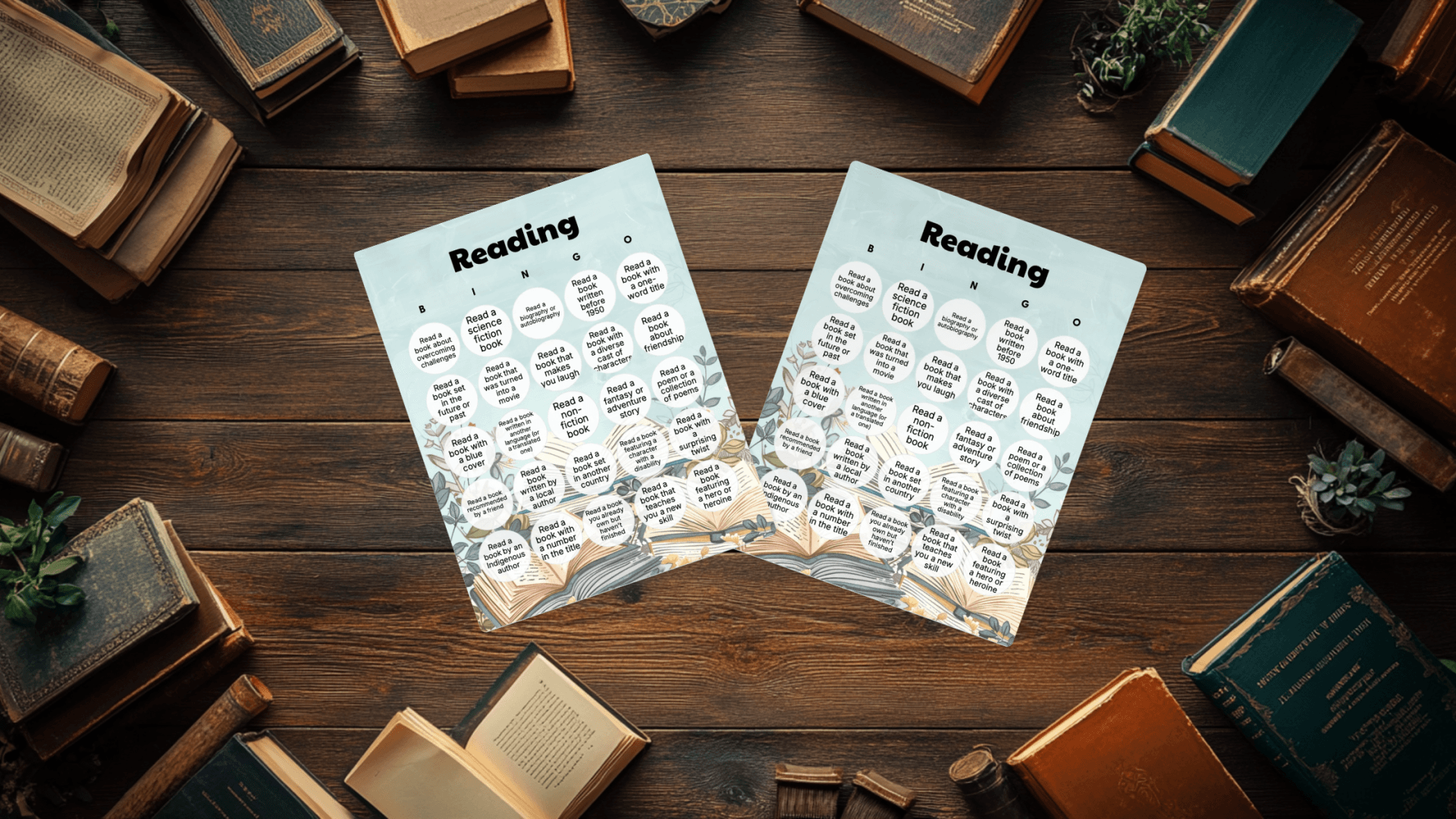 two bingo cards on table with books