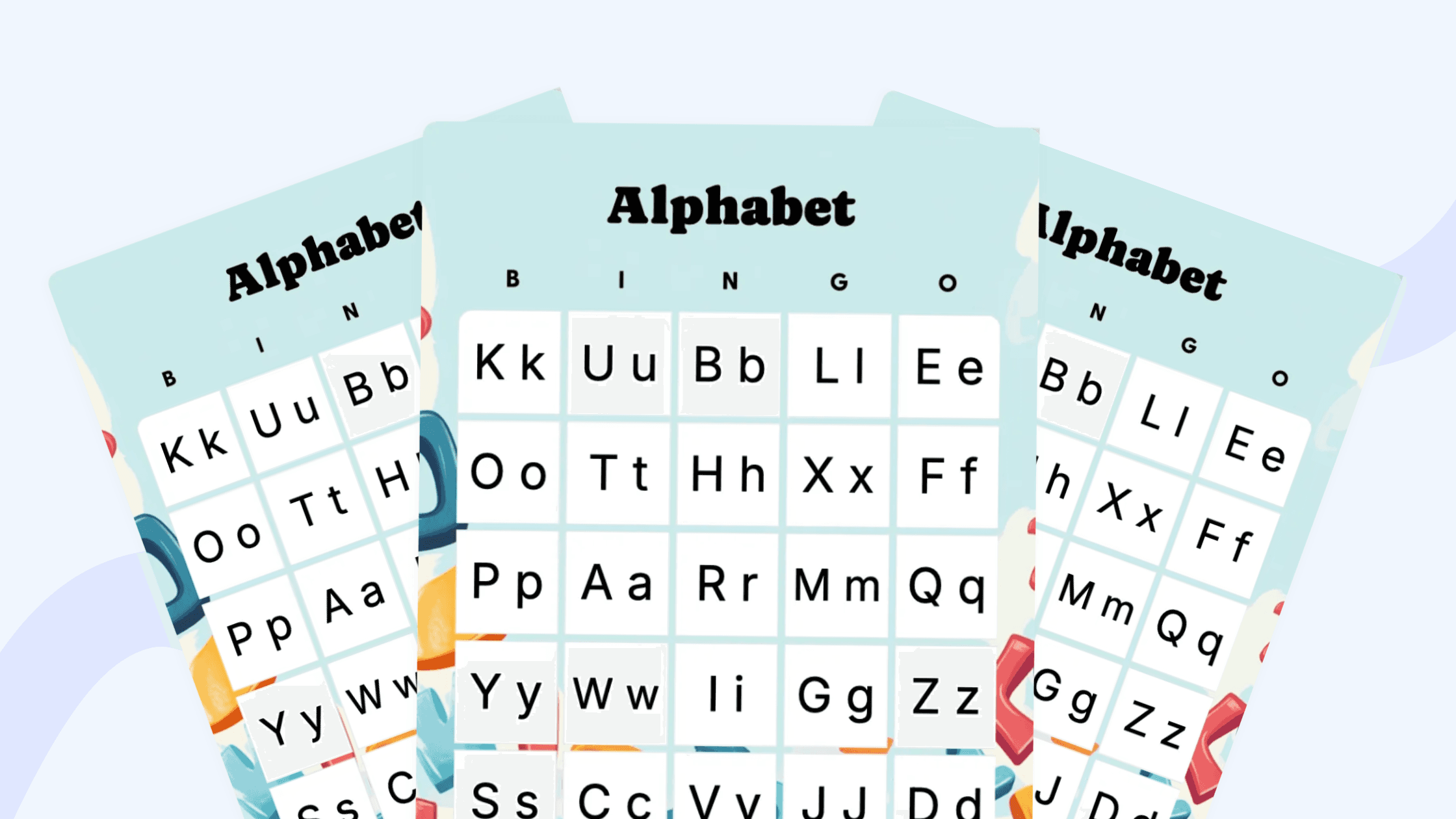 stacked alphabet bingo cards