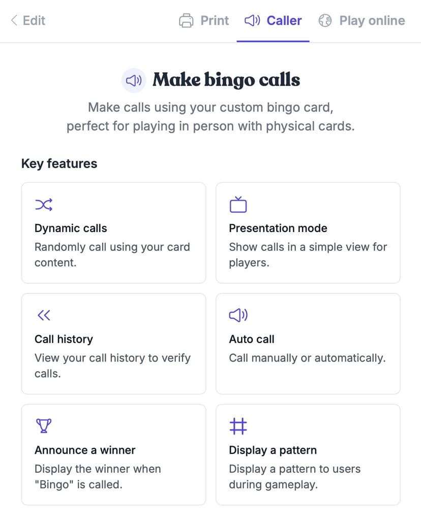 Bingo caller interface showing the call board, number display, and game controls