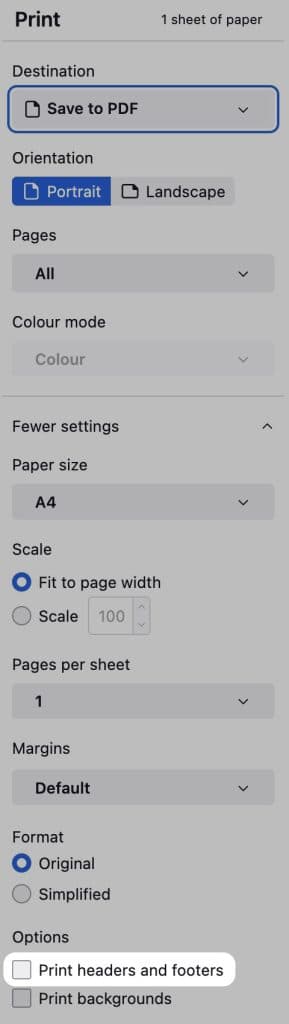 Removing headers/footers from prints