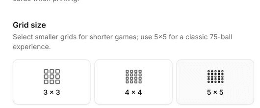 Grid size options for Custom cards showing 3x3, 4x4, and 5x5
